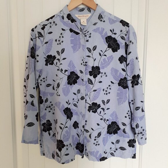 Norm Thompson Silk Leaf/Floral Button Up 3/4 Sleeve Mandarin Collar Blue Size M - Picture 1 of 9